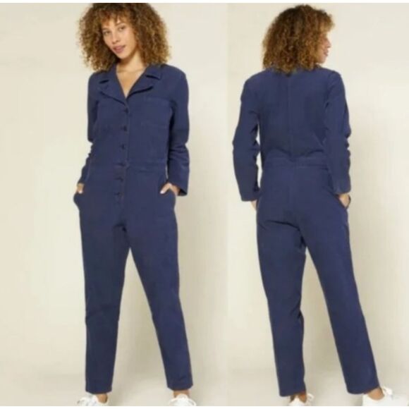 NWT Outerknown S.E.A. Long Sleeve Blue Linen Cotton Blend Utility Jumpsuit Sz S - Picture 1 of 11